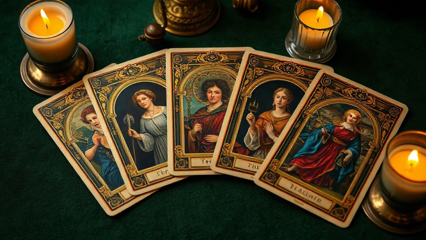 Ornate tarot-style character cards fanned on a felt table