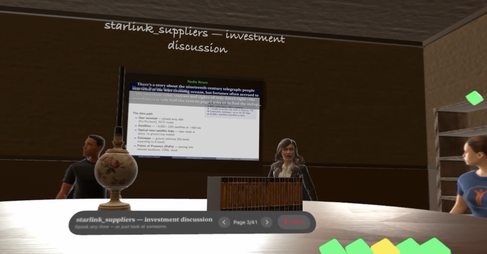 A live Vision Pro session: a deck page on the presentation board, page controls in hand, insight gems collected at the table edge