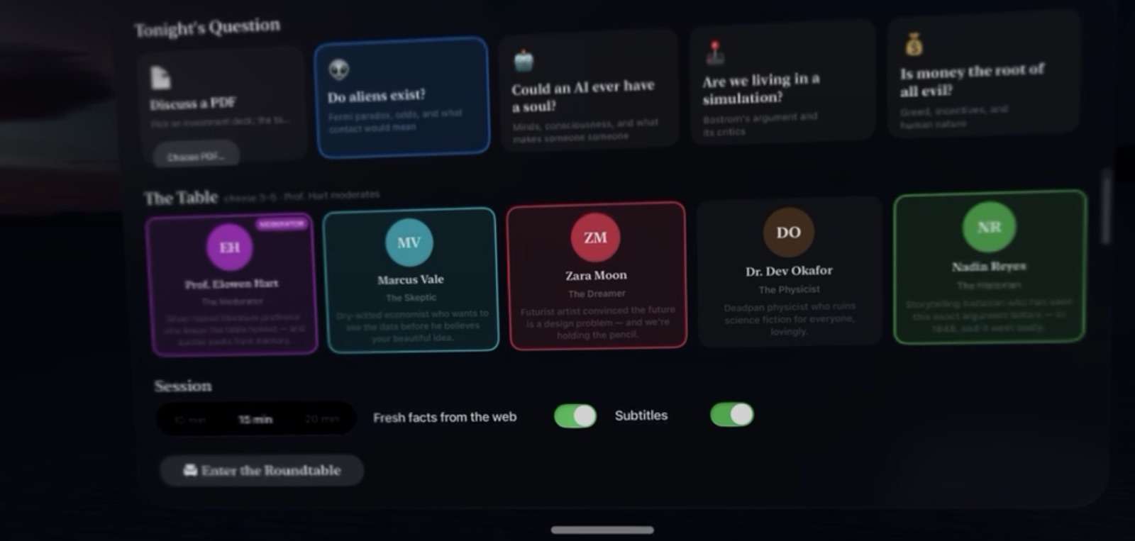The Vision Pro menu: tonight's question, the cast, and session settings