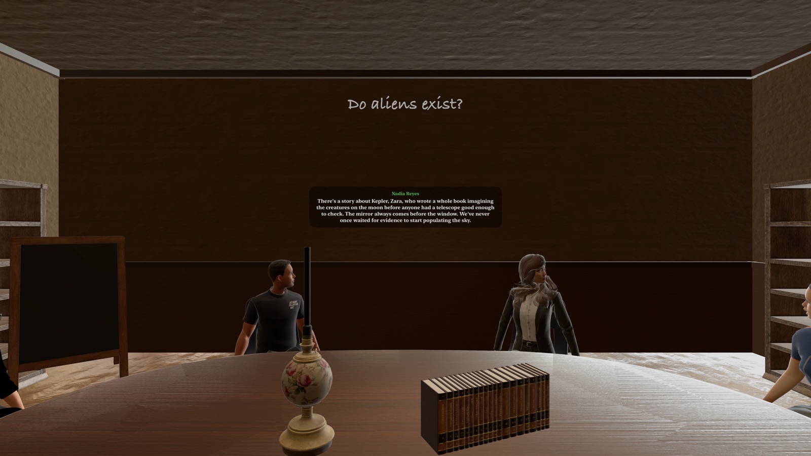 Inside the immersive session: characters seated at the oak table, the topic chalked on the wall, live subtitles